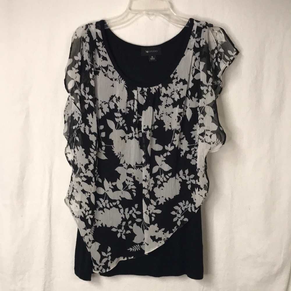 Ab Studio Women’s Layered Tunic Top Size M Black White Sheer Asymmetric Overlay - Picture 1 of 11